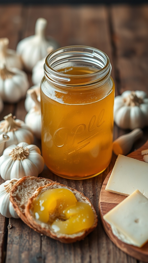 A jar of golden garlic jelly on a rustic table with fresh garlic and slices of bread.